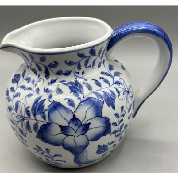 Pitcher Andrea by Sadek Blue White Handle Spout Floral Design 5.5 Tall 3.5 Diam. - Picture 1 of 9